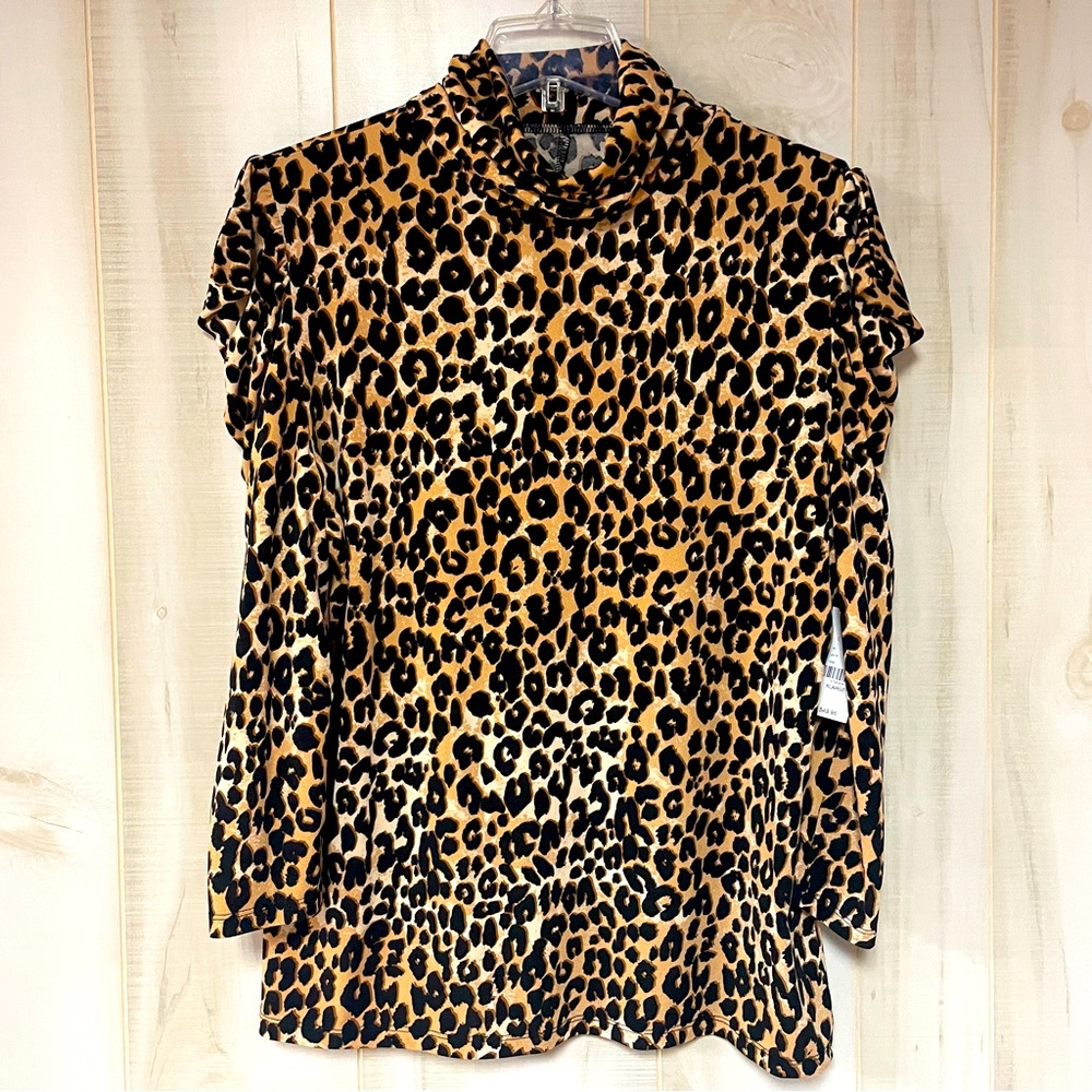NWT New York & Company Brown Black Leopard Print Puff Shoulder Top,  Sz XL